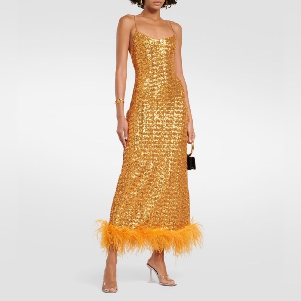 Elegant Gold Sequin Dress with Feather Hem